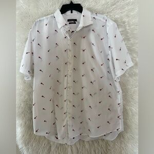 Bugatchi Shaped Fit Guitar Print Short Sleeve White Button-Up Shirt. Size XXL